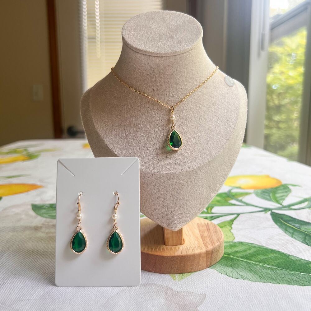 Jewelry Set Emerald Crystal Glass Pearl Bridgerton Victorian Romantic Dainty